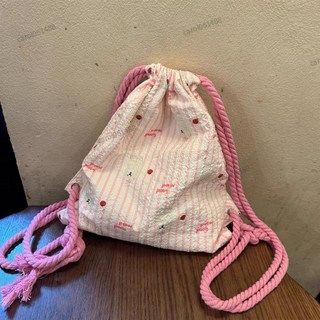 束口袋 條紋 大容量 手提 托特 雙層肩背 束口包 小貓 小狗 高顏值 帆布袋包 束口背袋 旅行袋 旅行收納袋, 粉色,包包+肩帶