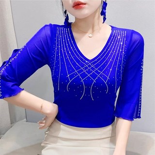 여성용 여름 티셔츠 V넥 메쉬 소재 루즈핏 오버사이즈 탑 XZ1446
