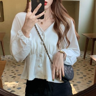 薄款春秋白色V領收腰短款長袖襯衫