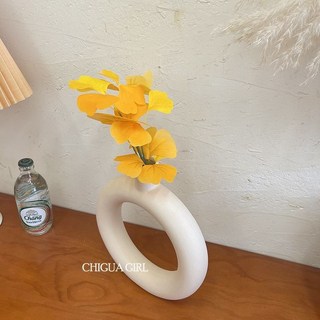 韓國ins風仿真銀杏葉假花裝飾品 櫥窗擺件, 1個, 圓形花瓶+銀杏葉2枝