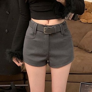 PEROLA 여성 모직 반바지 겨울 A라인 하이웨스트 슬림핏 미니 반바지 (벨트미포함)