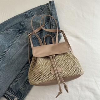 草編大容量時尚雙肩揹包 2024秋冬新款休閒簡約韓版撞色單肩斜挎包