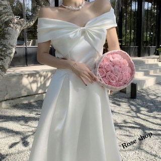 法式小眾白色露肩仙女連衣裙，蝴蝶結一字肩抹胸長裙，生日小禮服，拍照打卡必備，展現優雅氣質。, 白色蝴蝶結 現貨秒發,M 品質好貨