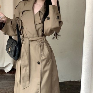 卡其色大翻領風衣外套 女春秋英倫風寬鬆綁帶長款過膝開衫大衣