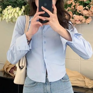 韓版高級感短版長袖白襯衫 S-3XL 大尺碼 設計感收腰不規則顯瘦上衣