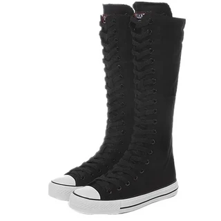 여성용 캔버스 롱 부츠 하이 탑 신발 레이스 업 무릎 플랫 캐주얼 가황 스니커즈 소녀, 03 34, 02 Black