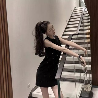 高級感氣質小香風背心禮服白色重工釘珠水鑽洋裝直筒A字裙生日洋裝, 黑色,M 建議95-105斤