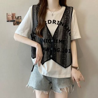 ROYALBELLE 여성 빅사이즈 레이스 망사 조끼 패치워크 레이어드 자카드 반팔 티셔츠 Z0061006