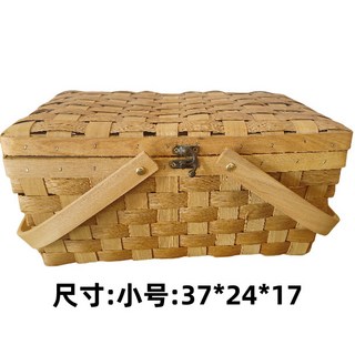 格森藤編手提籃帶蓋野餐籃 複古小籃子ins網紅手工編織籃 田園戶外收納, 蜜糖色小號, 1個