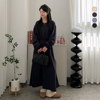 디테일웨어 여성 기모 뮤즈 롱원피스 허리 통밴딩 오버핏 플레어 스커트 포켓 편한원피스 강아지 산책 임산부 원피스