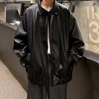 SEMPLICITA 韓國 Y2K 皮衣外套 黑色 翻領 落肩 皮質 素面 男女皆可