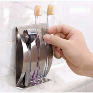 무타공 부착식 스테인리스 면도기 칫솔 걸이 3구 칫솔 거치대 욕실 정리 보관함, 3구 홀더, 실버, 1개