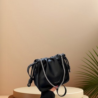 抽繩褶皺單肩包，鏈條設計斜挎小方包, 【面料升级款】黑色