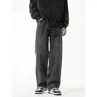 潮牌牛仔褲男寬鬆直筒長褲復古做舊水洗黑灰色老爹褲潮流百搭