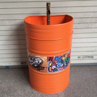 Shark家具 工業風油桶洗臉盆 個性KTV酒吧洗手台 落地立柱盆, 橘黃色洗手盆（送水龍頭 下水）, 1個