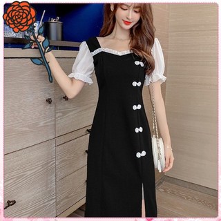 有間小鋪 收腰顯瘦法式改良旗袍小黑裙 中長款拼接泡泡袖連衣裙 方領連體小禮服, M