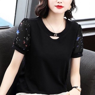 ROYALBELLE 여성 중년 빅사이즈 우아한 플라워 프린트 시폰 반팔 블라우스 엄마용 F0032507