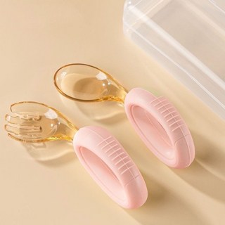 寶寶學習餐具 寶寶湯匙 寶寶勺子兒童學吃飯訓練勺嬰兒硅膠PPSU不銹鋼輔食短柄勺叉寶寶餐具 學習湯匙, PPSU彎柄勺叉-粉色配收納盒, 1個