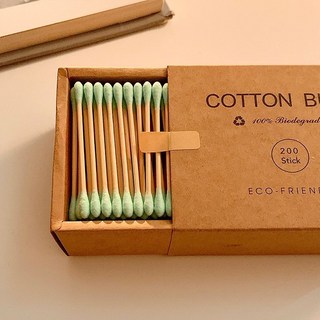 環保竹木棉棒棉簽200支裝，雙頭化妝棉籤，牛皮紙盒一次性衛生清潔卸妝棉花棒, %1盒200支【綠色】雙頭清潔棉籤, 1個