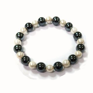 白色貝珍珠黑膽石圓珠彈性手環