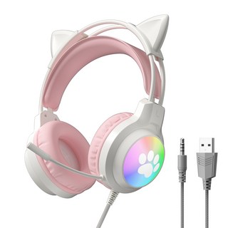 RGB 유선 게이밍 헤드셋 귀여운 디자인 LED 고양이 귀 마이크 탑재, 핑크