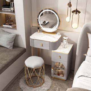 輕奢梳妝臺臥室網紅ins風新款現代簡約化妝桌小戶型收納櫃一體桌梳妝桌 化妝臺 化妝桌 化妝椅 化妝鏡 收納櫃 電腦書桌, 灰白50CM桌櫃+鳥巢凳+智能鏡