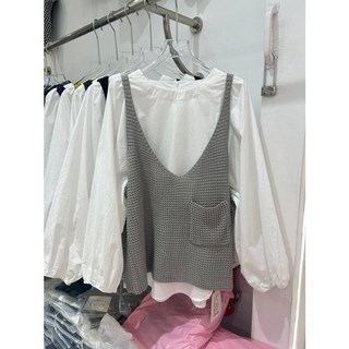 CHILL 韓系V領針織背心 白襯衫 兩件式套裝 女秋冬寬鬆上衣 針織背心 寬鬆套裝 5505