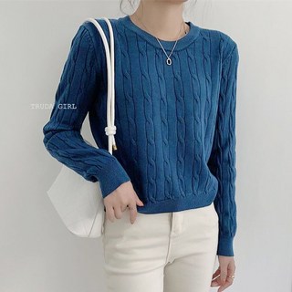 杜達女孩 質感心動麻花辮針織上衣 圓領長袖短版薄針織毛衣