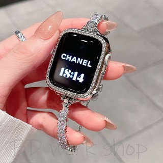 幾何彩鑽手鐲式金屬錶帶 Apple Watch 蘋果錶帶適用於 iWatch Series 9 8 7 6 SE, 方形貝母錶帶+銀色鑽殼,44mm【適用SE/4/5/6代】, 1個