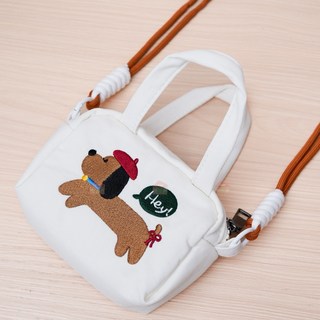 現貨24H 攝影隨身包 臘腸狗刺繡小包 防潑水 防摔層 兩格收納 可拆背帶 GR/CCD適用, 白色, 1個