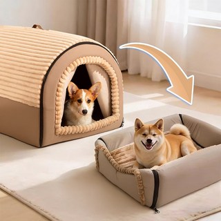 간물설 2in1 반려동물 하우스 강아지 방석 고양이 쿠션, 1개, 브라운