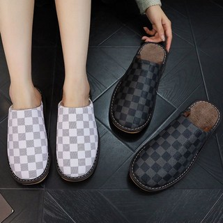 Doly秋冬季情侶款居家室內防滑靜音透氣保暖皮面棉拖鞋, 方塊毛口米黃,25（即平時36-37)