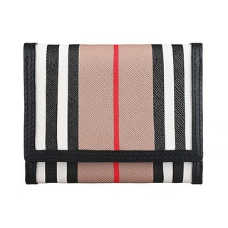 BURBERRY LANCASTER 內裡燙金LOGO直線條設計塗層帆布搭牛皮邊飾6卡三折釦短夾 (經典米x黑)