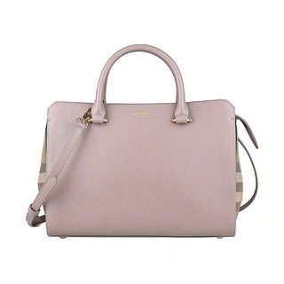 BURBERRY BANWELL 燙金LOGO牛皮格紋帆布手提肩背斜背包, 灰水貂x米