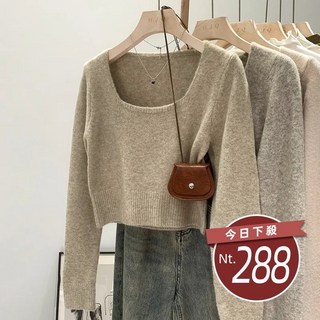 韓版方領顯瘦短版毛衣 長袖上衣 韓系上衣 女裝