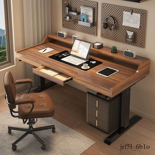 廠家直銷智能電動升降桌，實木辦公學習桌，簡約帶抽屜書桌，學生家用電腦桌, 奧格/雙電機【輕奢灰 白腿】實木板,100x60cm