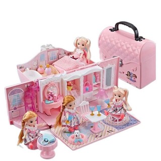 夢幻公主風娃娃屋手提箱套裝 配娃娃家具 女孩玩具, 粉色, 1個