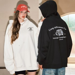 FONOW 남녀공용 커플룩 쭈리면 빅사이즈 심플 오버핏 캠핑지프 프린팅 후드티