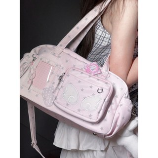 星星印花二次元天使痛包y2k輕亞比風韓系演唱會追星單肩斜跨娃包, 粉色,包包+斜挎肩帶【無掛飾】