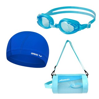 생존수영 키트 아레나 스판 수모+피닉스 아동 수경 PN-509J+피닉스 가방 PSB-300, 1개, 수모 블루
