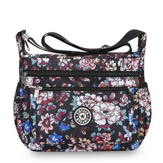 牛津布休閒斜挎包，大容量防水女士單肩包, 黑底棕花,寬25高20厚11釐米