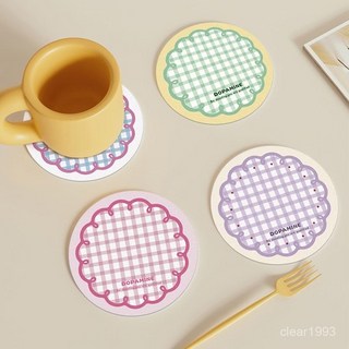 韓國風ins圓形格子橡膠杯墊隔熱墊吸水墊防滑墊簡約杯墊, 2片裝【香芋椰果+鳳梨蜜瓜】1無規格, 1個