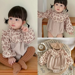 韓版新生兒嬰童秋裝公主碎花長袖包屁衣 寶寶衣服連身衣爬服 女寶寶哈衣燈芯絨印花拼接洋裝兒童包屁衣 週歲禮小服