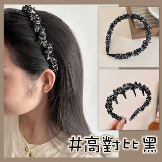 人魚朵朵 韓系帶齒髮箍 布藝防滑可調式頭箍 瀏海洗臉兩用 高彈性不夾髮 柔焦卡其高對比黑