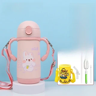 어린이용 식품 등급 스테인리스 스틸 보온 물병 빨대컵 휴대용 유치원 귀여운 스타일 손잡이 포함, 01 토끼-핑크-400ml