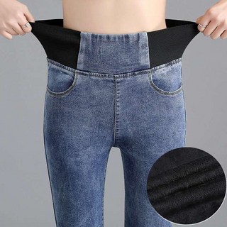 高腰彈力刷毛冬季新款牛仔褲 修身百搭小腳褲