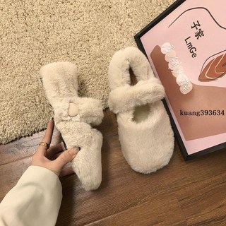 平底豆豆鞋 大碼女鞋水貂毛一字帶毛毛鞋 加絨保暖舒適網紅豆豆鞋