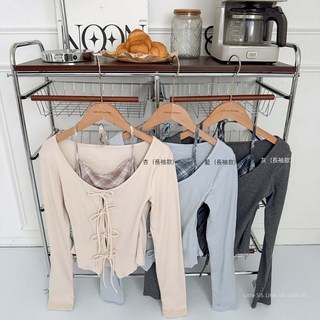 Little SiS. #3155 超CP值 純慾假兩件格紋綁帶上衣(短袖/長袖) 3色可選