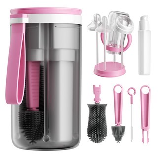 휴대용 식용 액상 실리콘 브러시 젖꼭지 세척 브러시 304 스테인리스 스틸 빨대 브러시 BPA 프리 비누 디스펜서 및 크리스탈 병 건조대가 포함된 여행용 아기 젖병 브러시 세, 핑크, 식용 액상 실리콘, 1개