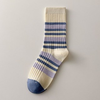 MyWa 復古甜美色系拼色女生長襪 線條紋 奶油色 長筒堆堆襪